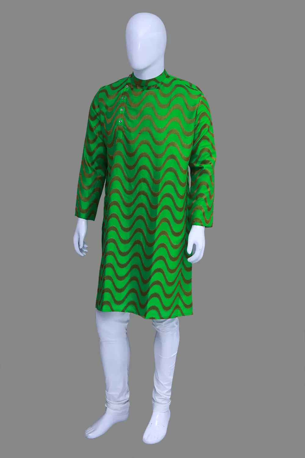 Men's Green High Neck Side Buttons Wave Printed Kurta | S3K1187/G