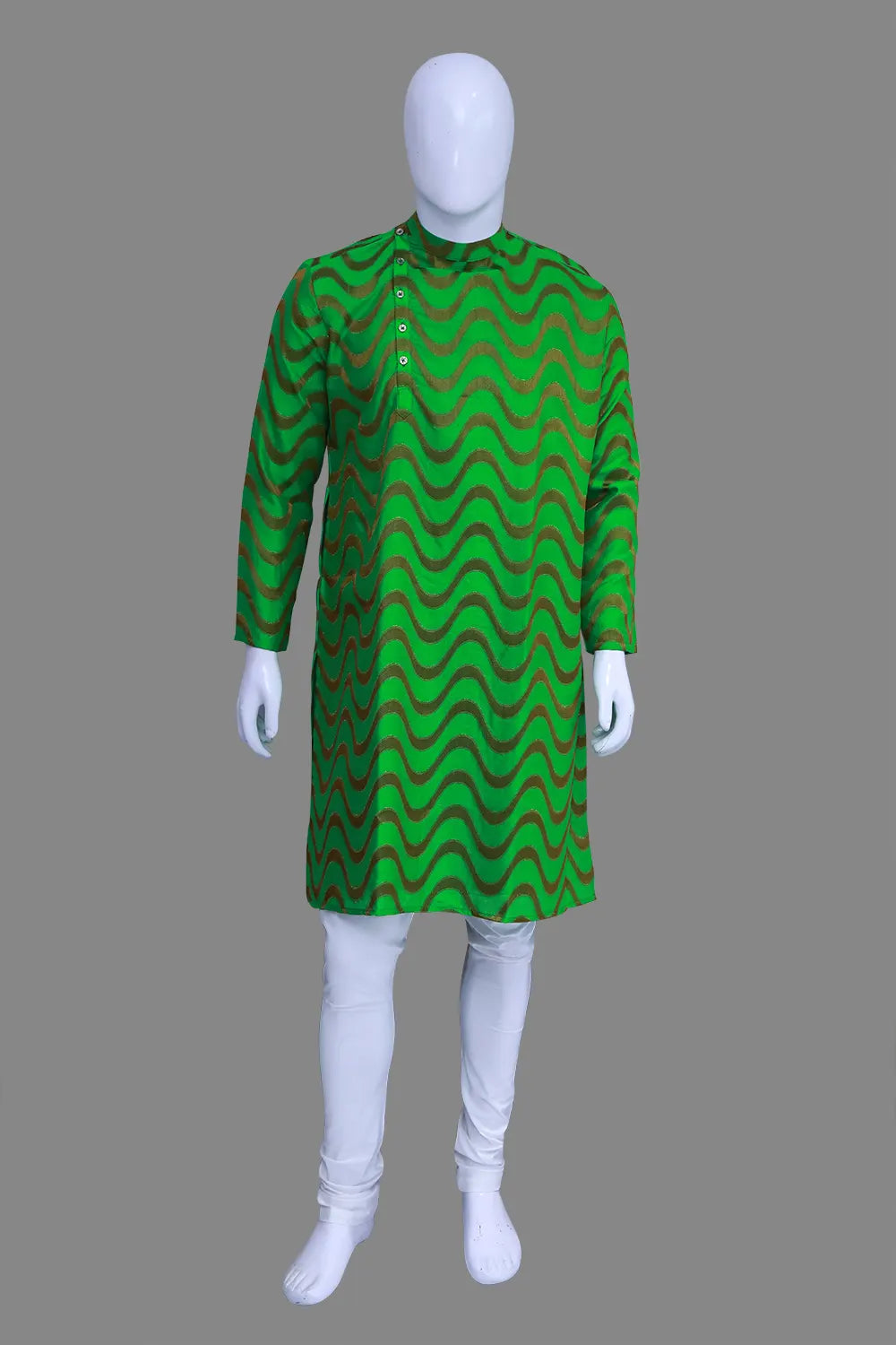 Men's Green High Neck Side Buttons Wave Printed Kurta | S3K1187/G