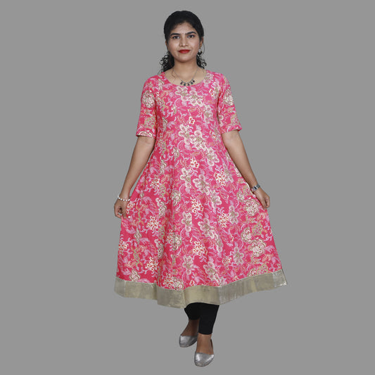 Pink Floral Print A Line Kurti | S3K1017