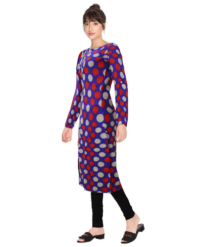 Polka Dots Silk A-line Chinese Collar Womens Kurta | S3K003