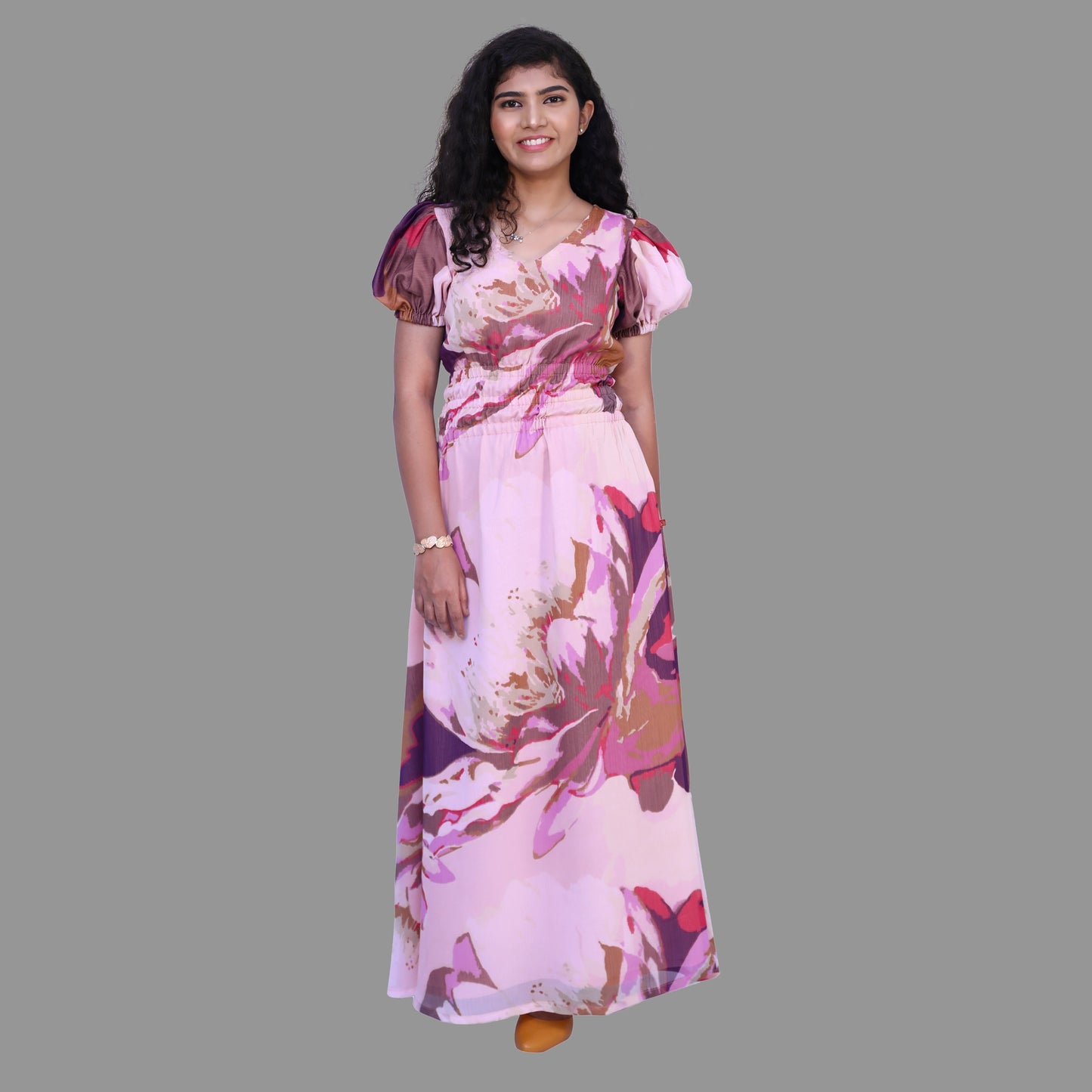 Pink Floral Print Straight Gown | S3G754