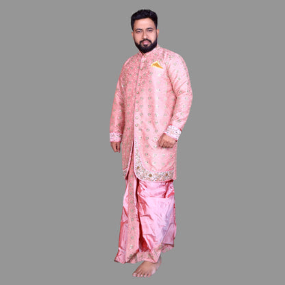 Bright Peach Embroidery with Maggam Work Sherwani & Dothi Set | S3MWD