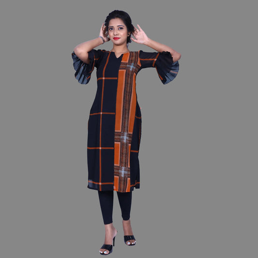 Orange and Black Print Regular Kurti | S3K899