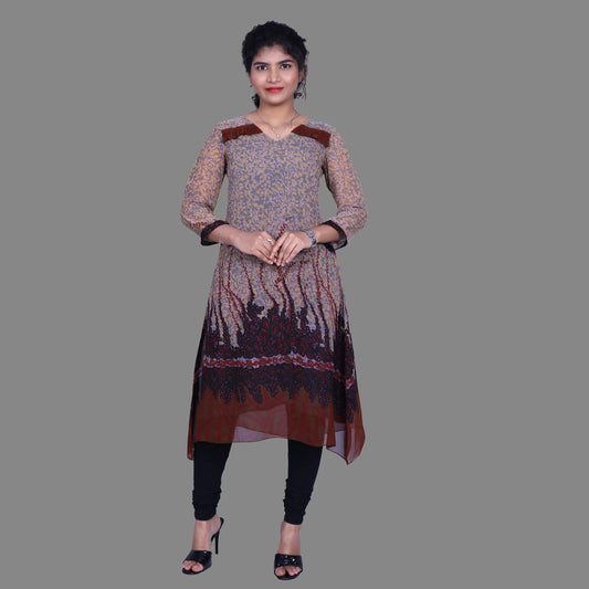 Grey and Maroon Abstract Print A-line Kurti | S3G880