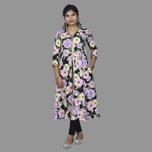 Black with Floral Print Middle Slit A Line Kurti | S3K1019