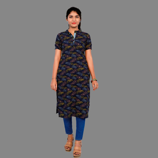 Navy Blue Leaf Printed Kurti | S3K280