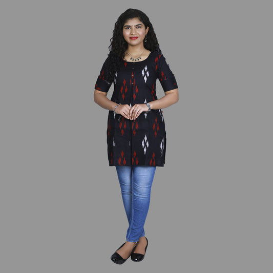 Black Ikkat Printed Short Kurti | S3K1021