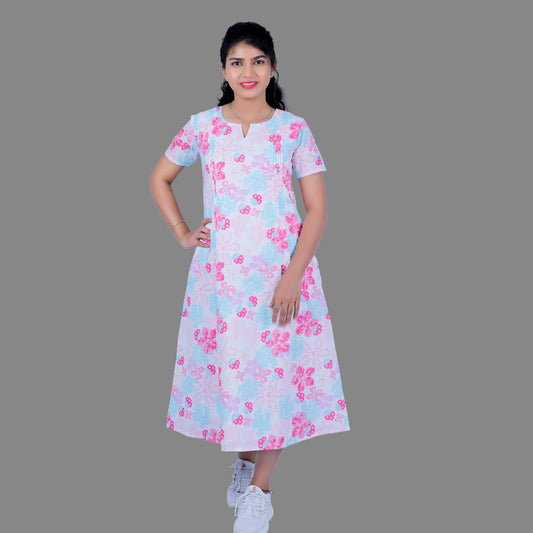 Womens Cotton White with Pink Floral Print A Line Kurti | S3X141