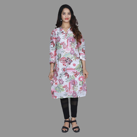 White Floral Print A Line Kurti | S3K1050