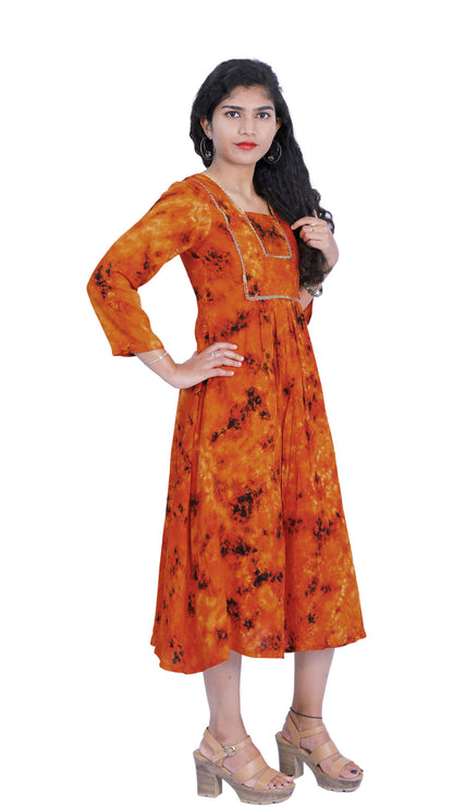 Orange Tie & Die A-line Kurti | S3K341