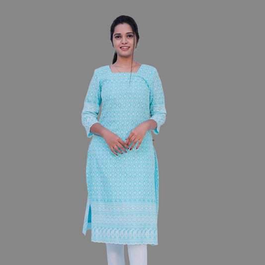 Women Chikan Embroidery A-line Kurta (blue) | S3K638