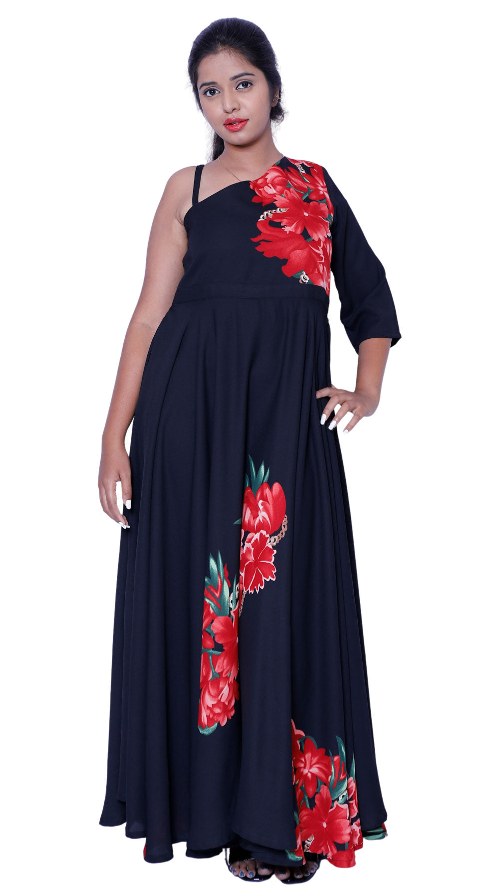 Black One Shoulder Floral Print Straight Gown | S3G258