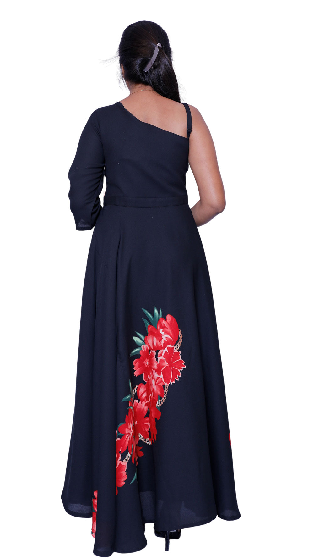Black One Shoulder Floral Print Straight Gown | S3G258