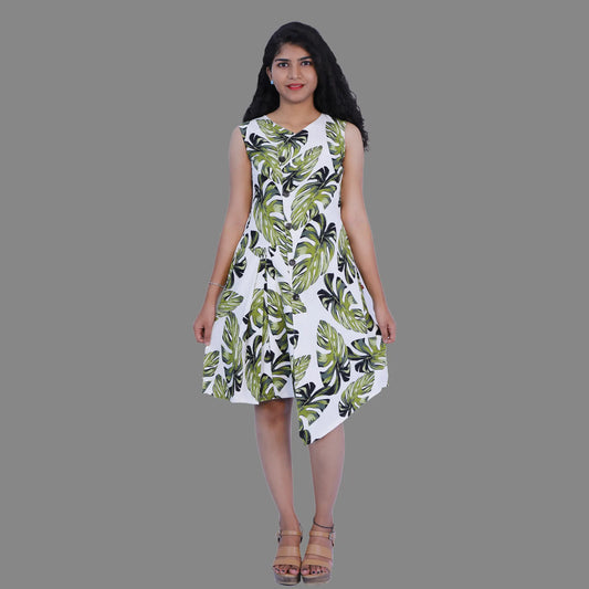 Women Ethnic leaf print White Dress | S3W211