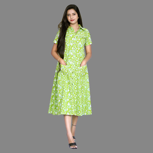 Printed Light Green Cotton Blend A-line Kurta | S3K831