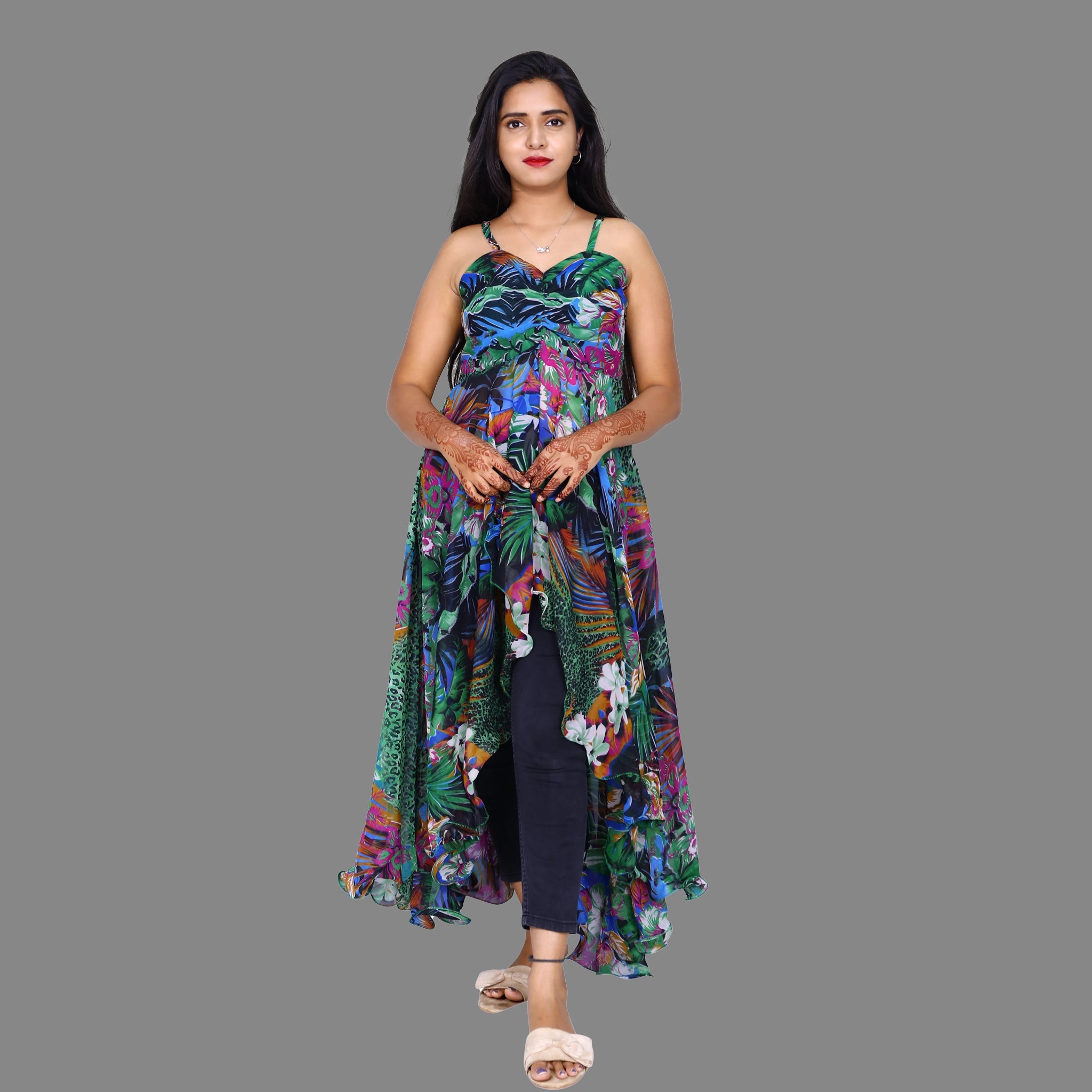 Black & Multi Coloured Premium Georgette Lycra Floral Print Full Sleev –  Royskart