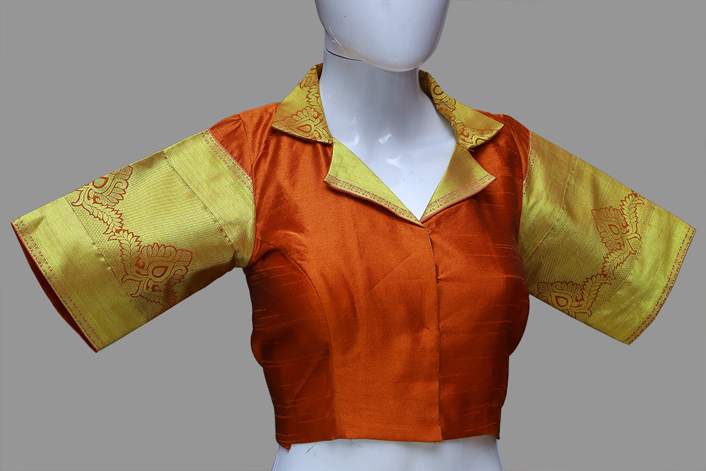 Pattu Orange & Gold  Blazer neck 3/4 Sleeves Blouse | S3B1181