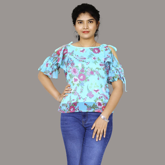 Sky Blue Floral Printed Short Top | S3CT826