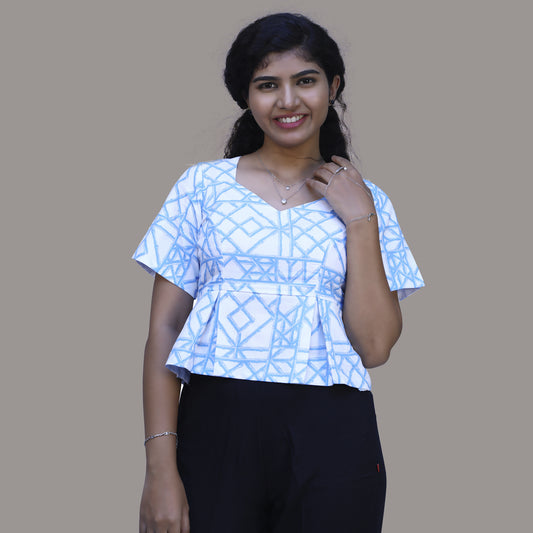 Women White and Blue Casual Printed Top | S3CT847