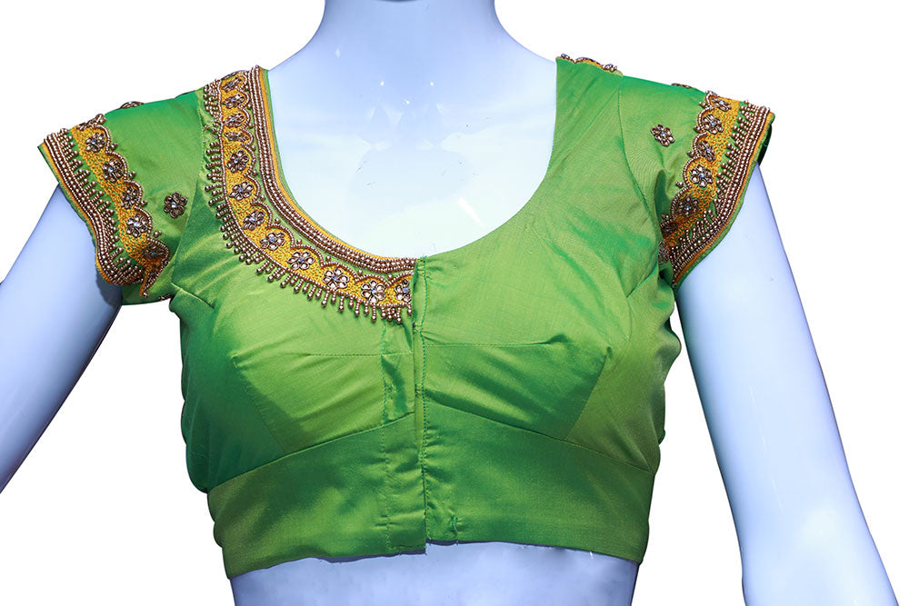 Women Solid Green Silk Round neck with maggam Embellished Blouse |  S3MB22