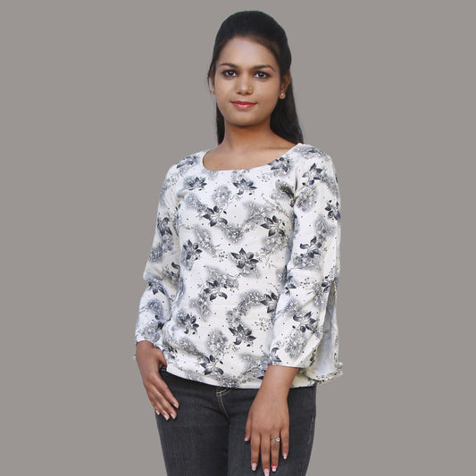 Casual Extended Sleeves Printed Women Grey Top | S3ST249