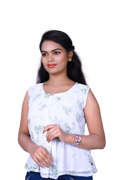 Womens Georgette White and Green Printed Short Tops | S3CT828