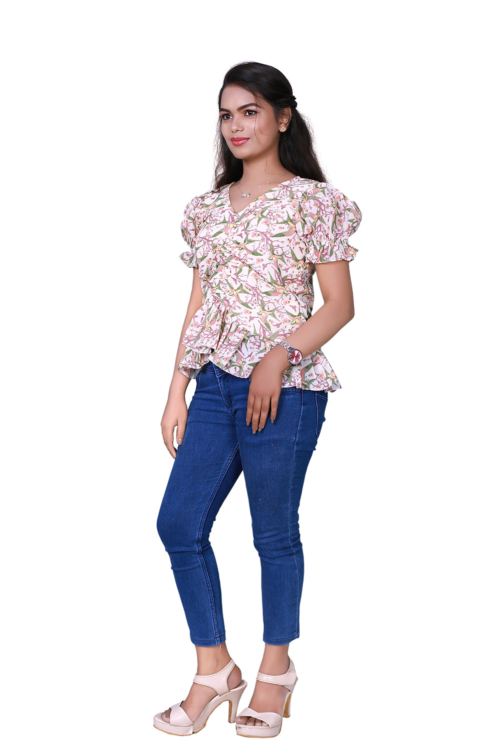 Womens Georgette Cream & Green Birds Print Short Top | S3CT822