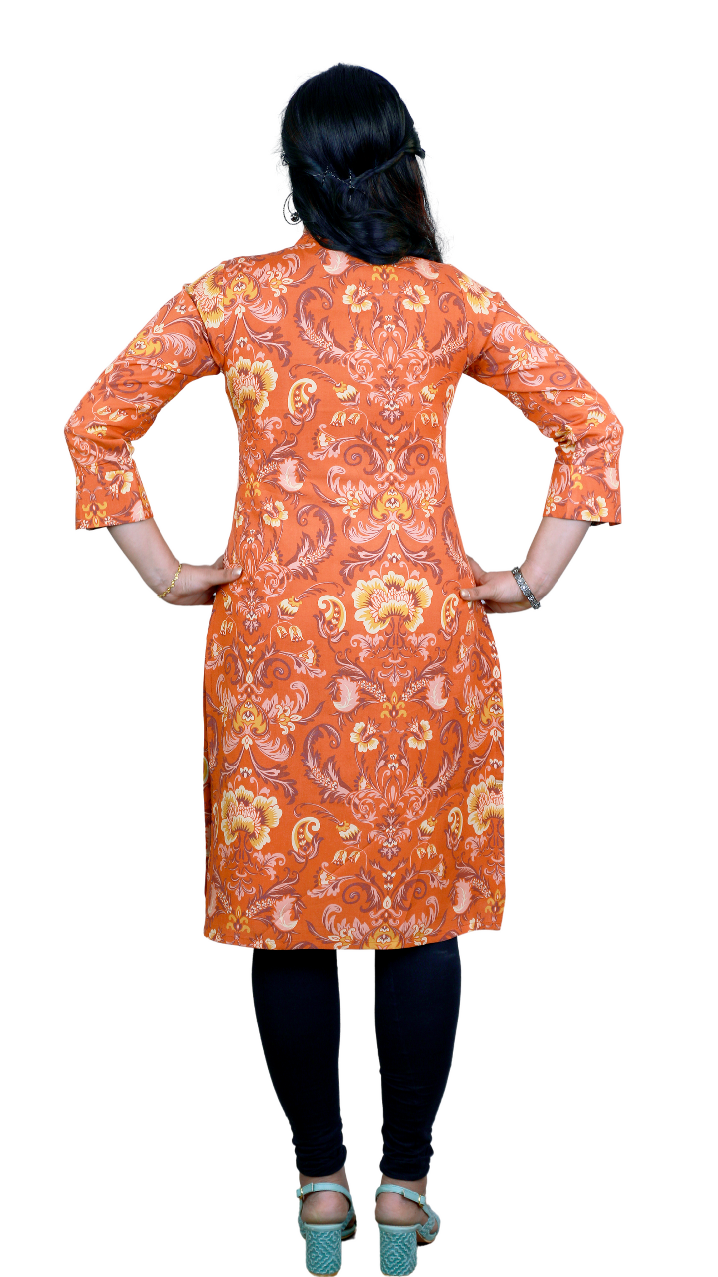 Women's Kalamkari Printed 3/4 Sleeve Plaid Mandarin Collar A-line Kurta | S3X126