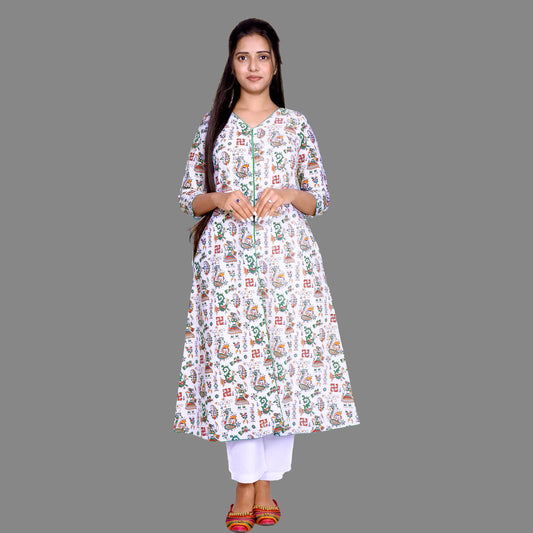 Printed Cotton White Front Slit Kurta | S3K776