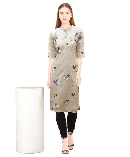 Grey & Green Floral Print Straight Cotton Kurta | S3k138