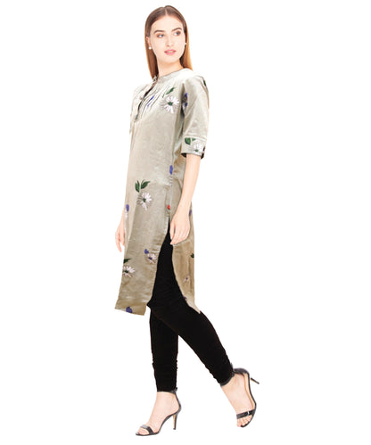 Grey & Green Floral Print Straight Cotton Kurta | S3k138