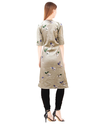 Grey & Green Floral Print Straight Cotton Kurta | S3k138