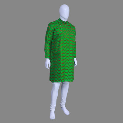 Men's Green High Neck Side Buttons Wave Printed Kurta | S3K1187/G