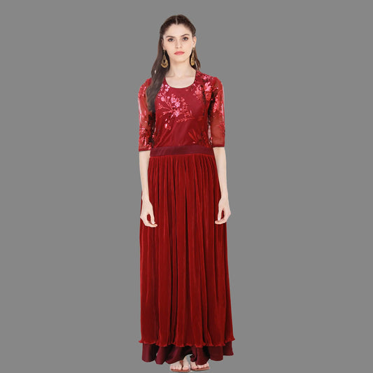 Women Maroon Embellished Maxi Dress | S3W166