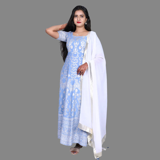 Womens Stone Blue Floral Printed Anarkali Dress with Dupatta  | S3G979