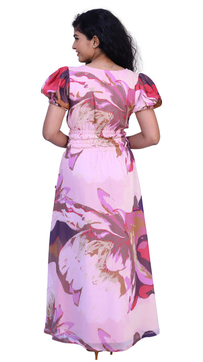 Pink Floral Print Straight Gown | S3G754