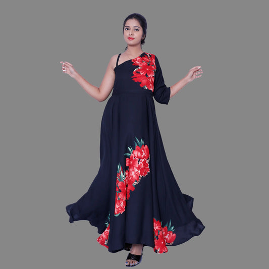 Black One Shoulder Floral Print Straight Gown | S3G258