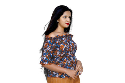 Women Party Ruffled Sleeves Floral Print Orange Top | S3CT745