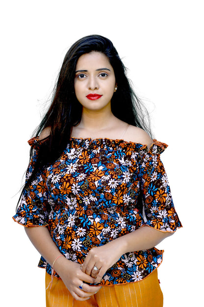 Women Party Ruffled Sleeves Floral Print Orange Top | S3CT745