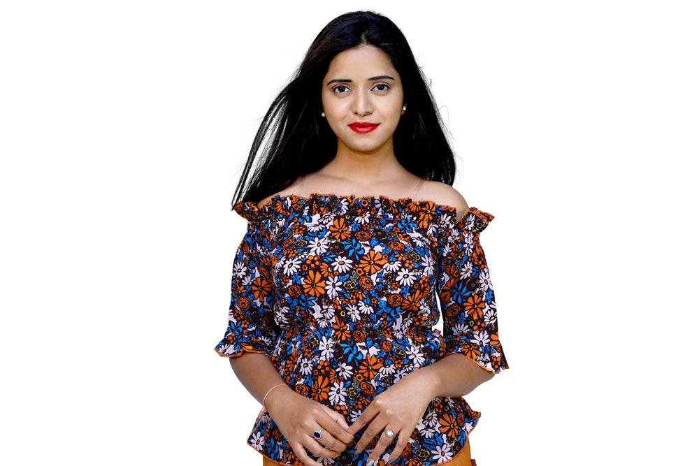 Women Party Ruffled Sleeves Floral Print Orange Top | S3CT745