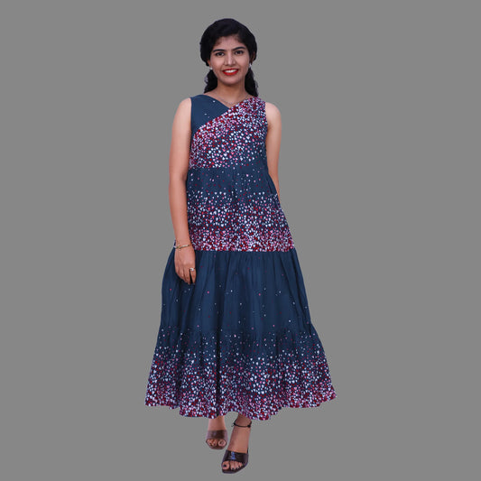 Navy Blue Printed Straight Gown | S3G738