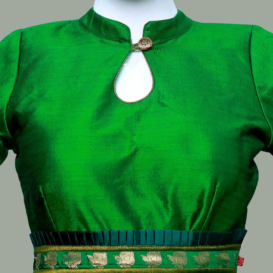 Mandarin Collar Neck Slimy Green Elbow Sleeves with Embellished Belt Blouse | S3B34