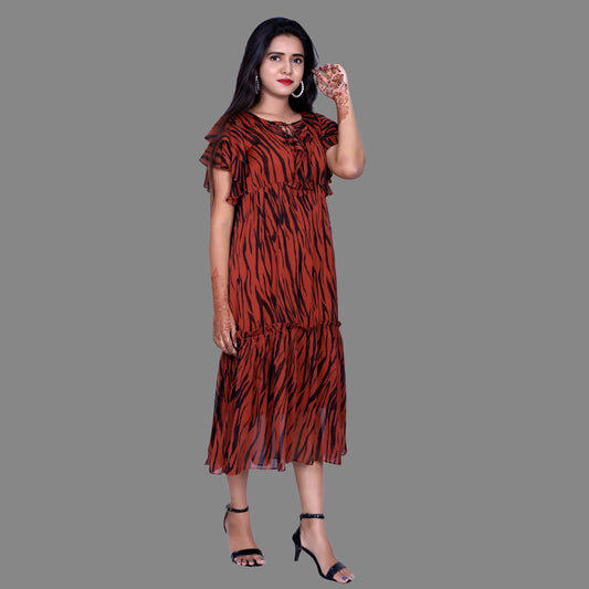 Womens Georgette Brown Printed Maxi  | S3G879