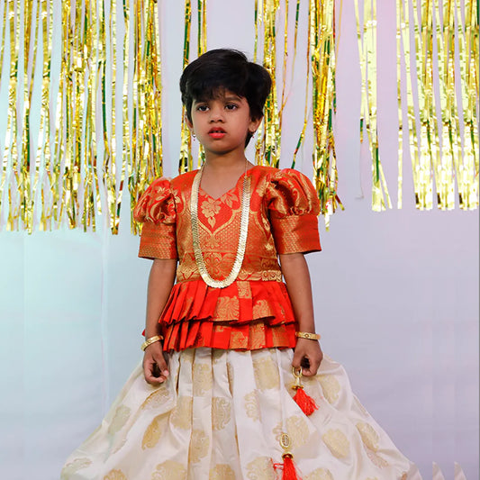 Red and Cream Kid’s Pattu Pavadai | S3PL4769