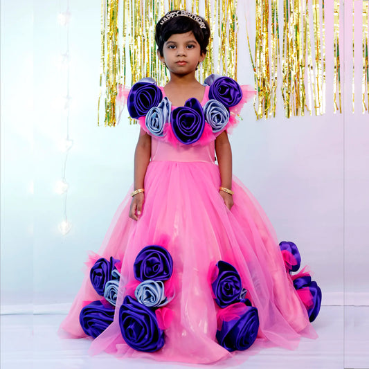 Color Organza baby Gown With Net Flower Patches | S3G4784