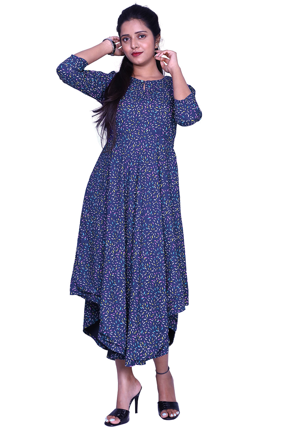 Blue Printed Viscose Rayon Front Keyhole High Low Kurta | S3G869