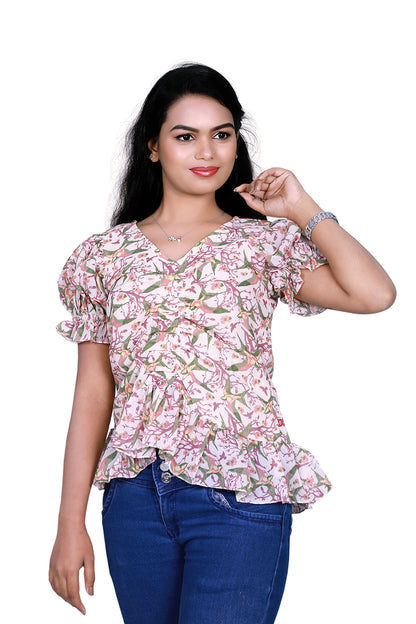 Womens Georgette Cream & Green Birds Print Short Top | S3CT822