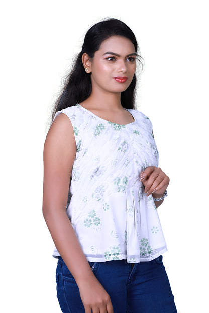 Womens Georgette White and Green Printed Short Tops | S3CT828