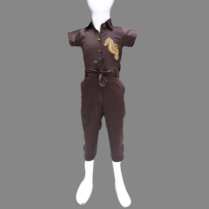 Baby Girl Brown with Seashore Maggam Patch Jumpsuit | S3JS1047