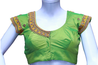 Women Solid Green Silk Round neck with maggam Embellished Blouse |  S3MB22